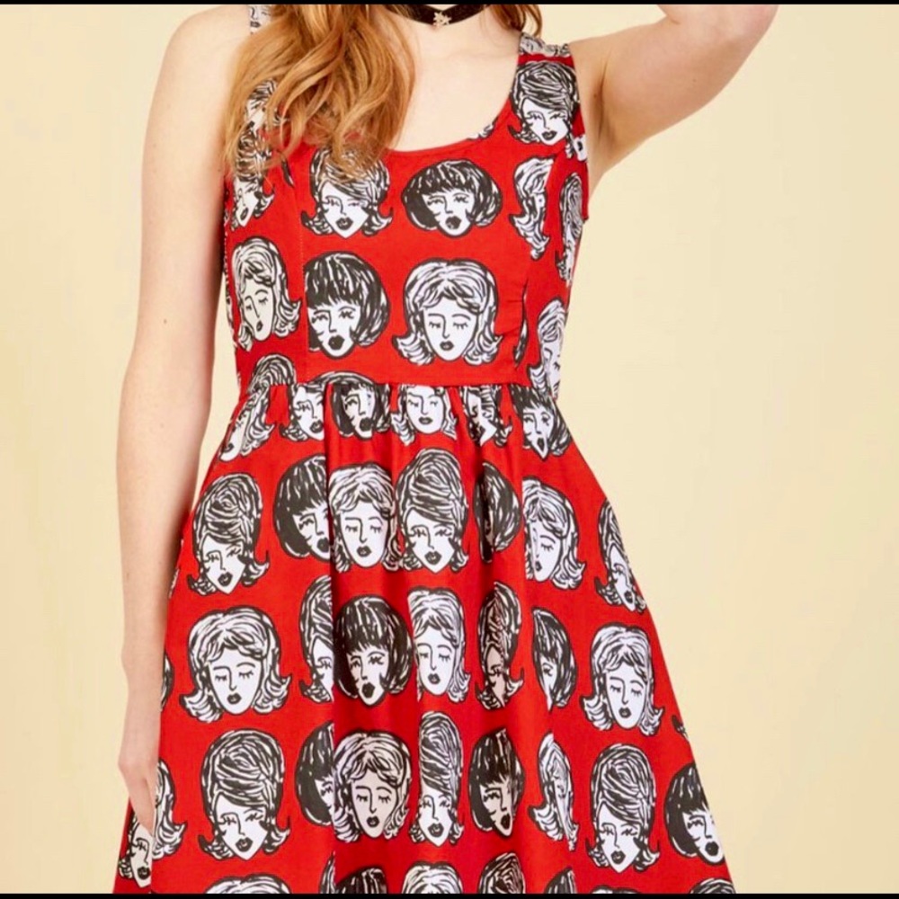 ModCloth funky face print fit and flare dress